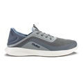 Charcoal and sharkskin mesh running shoe with white sole and dark blue heel collar.
