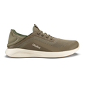 Olive and cream lace-up running shoe with mesh upper and white cushioned sole.