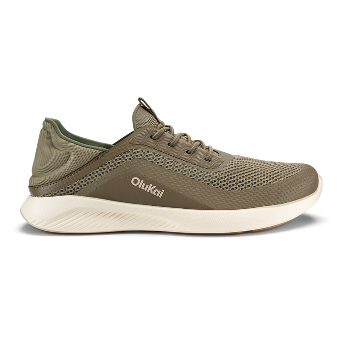 Olive and cream lace-up running shoe with mesh upper and white cushioned sole.