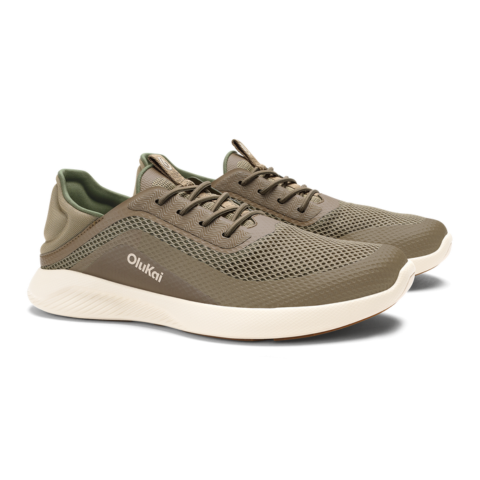 Tan and olive mesh running shoe with white sole and lace-up closure.
