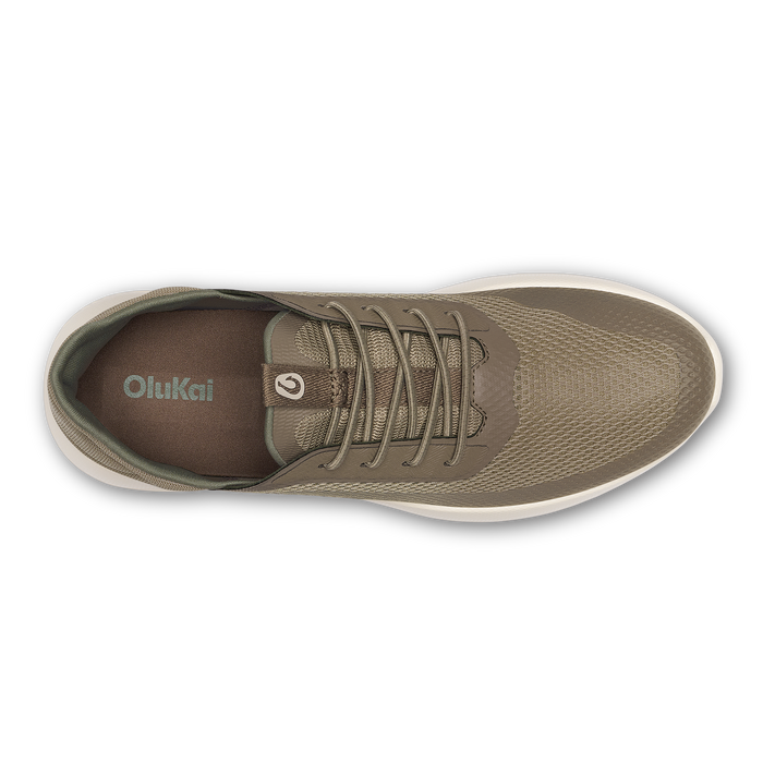 Tan mesh lace-up shoe with brown interior and white sole, viewed from above.