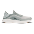 Olukai Kialoa running shoe in sterling gray and white with mesh upper and white cushioned sole.