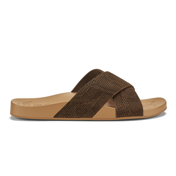 Brown textured cross-strap slide sandal with tan sole and footbed.
