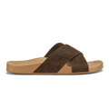 Brown textured cross-strap slide sandal with tan sole and footbed.