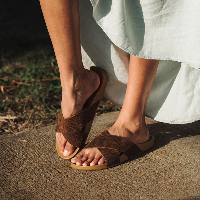 Brown woven sandals with tan sole worn on feet with light-colored pants.