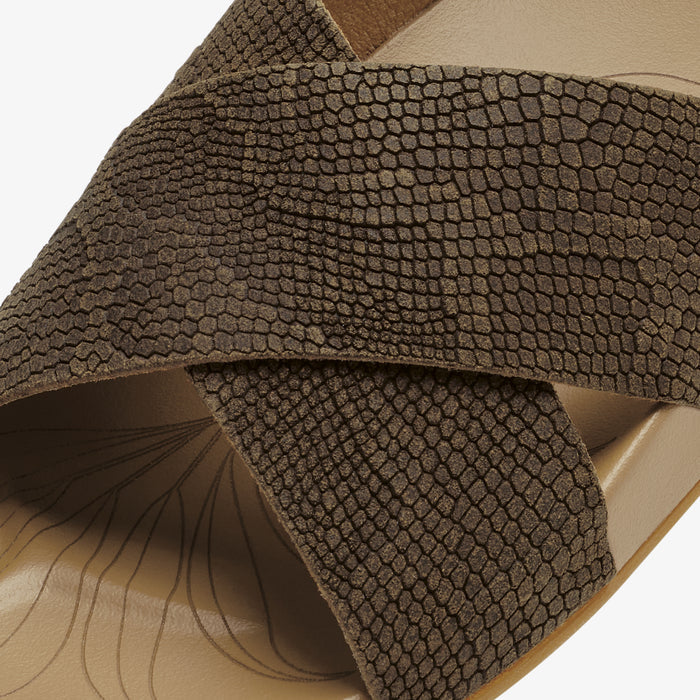 Toffee and sahara colored sandal with textured straps and smooth sole, shown from above.