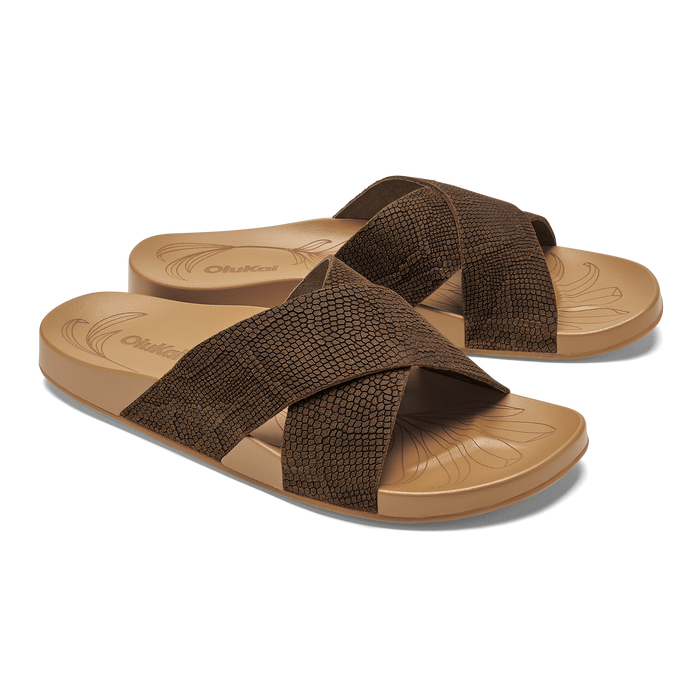 Brown textured cross-strap sandals with tan soles and decorative footbed patterns.
