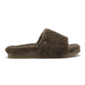 Walnut fuzzy slide slipper with twisted knot detail and tan sole, shown in profile view.