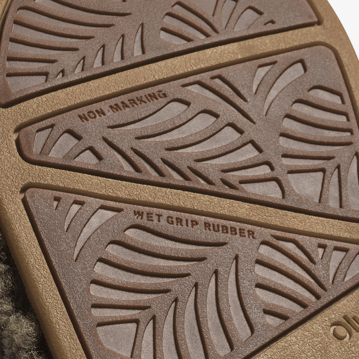 Walnut-colored shoe sole with embossed leaf patterns and "wet grip rubber" and "non-marking" text labels.