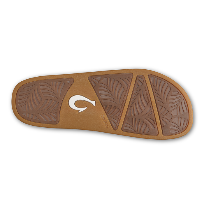 Walnut sandal sole with textured leaf-pattern sections and white logo detail on tan base.