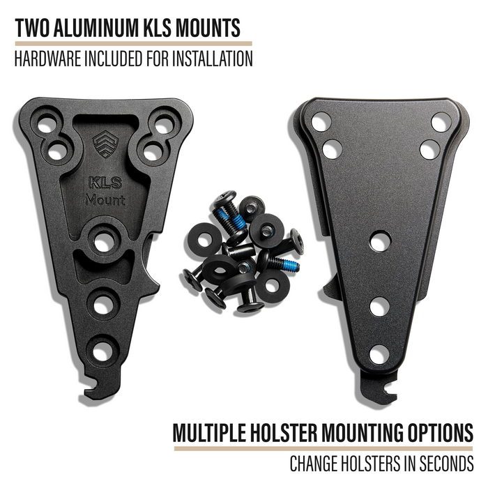 Two black aluminum KLS mounts with included mounting hardware, shown on a white background with text overlays describing the hardware and mounting options.