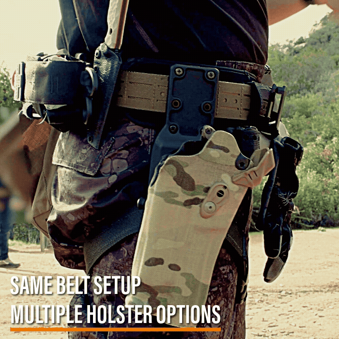 Gif showcasing the ease at which you can swap holsters with the Kore Locking System. Text reads "Same Belt Setup. Multiple Holster Options."