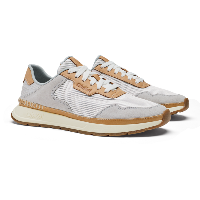 White and tan lace-up sneaker with mesh upper, suede accents, and cream rubber sole.