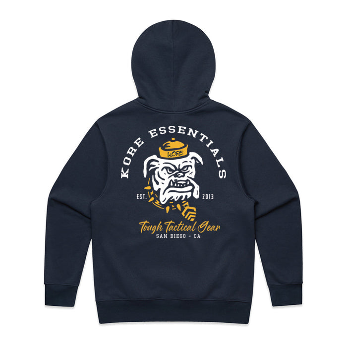 Navy blue pullover sweatshirt with a graphic of a bulldog on the front, text 'KORE ESSENTIALS', and 'Tough Tactical Gear' along with the address 'San Diego, CA'.