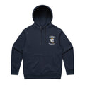 Navy blue pullover sweatshirt with a graphic of a bulldog on the front, text 'KORE ESSENTIALS'