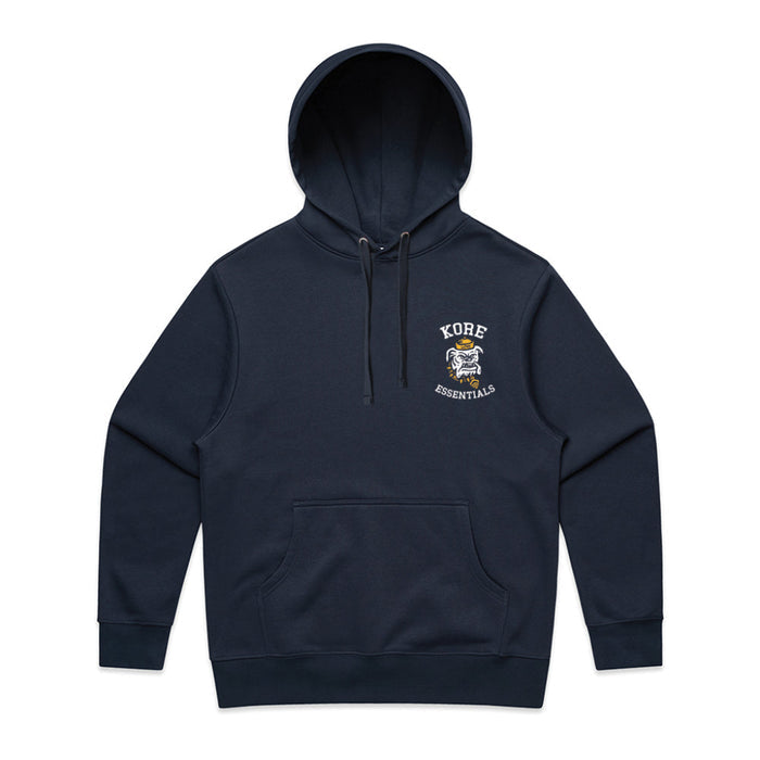 Navy blue pullover sweatshirt with a graphic of a bulldog on the front, text 'KORE ESSENTIALS'