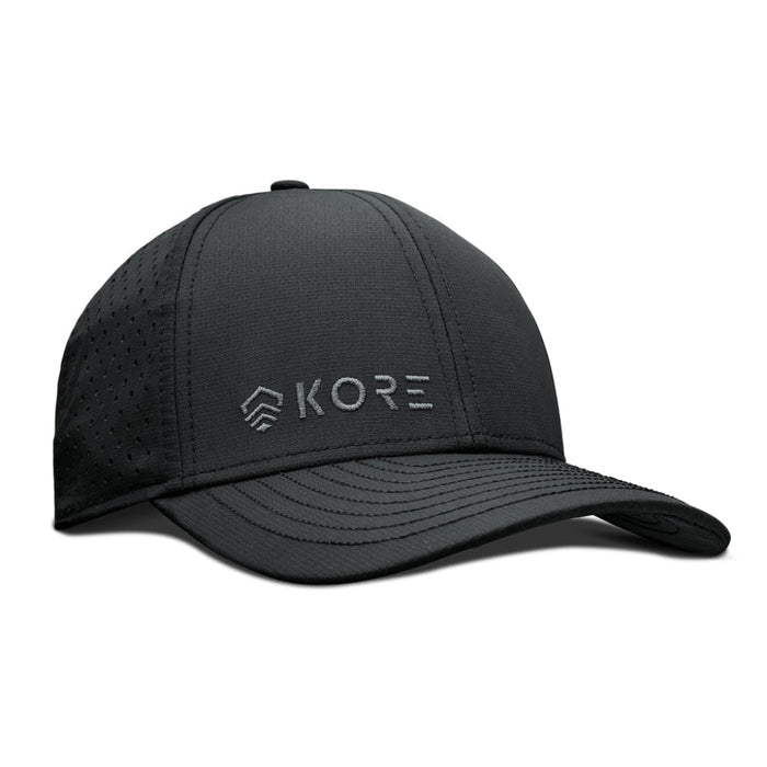 Black Kore Essentials Water Repellent Crew Hat with Grey Kore Logo on Front of Hat