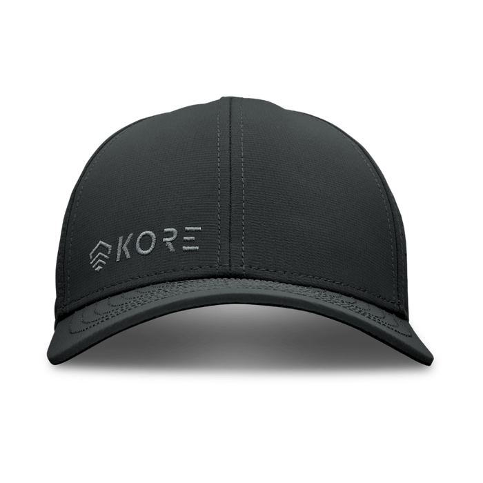 Frontside View of Black Kore Essentials Water Repellent Crew Hat with Grey Kore Logo on Front of Hat
