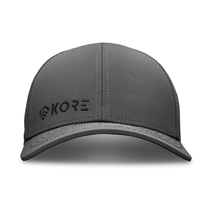 Frontside View of Grey Kore Essentials Water Repellent Crew Hat with Black Kore Logo on Front of Hat