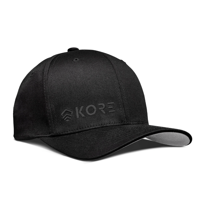 Frontside View of Kore Essentials Black FlexFit® Baseball Cap with Black Kore Logo