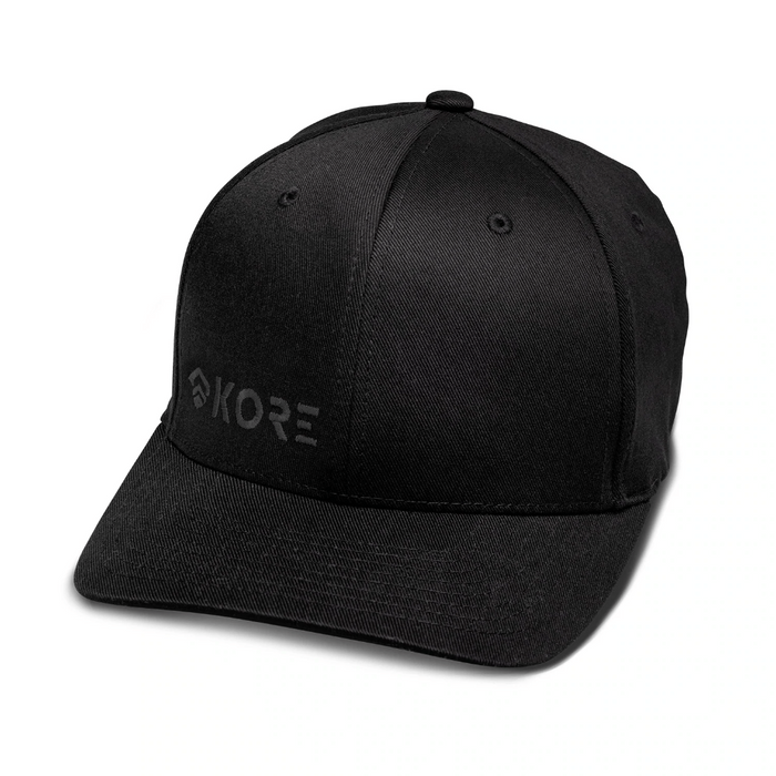 Upper Left Frontside View of Kore Essentials Black FlexFit® Baseball Cap with Black Kore Logo
