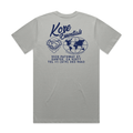 Back of a gray Kore Essentials t-shirt with Kore Essentials logo above a globe on a white background