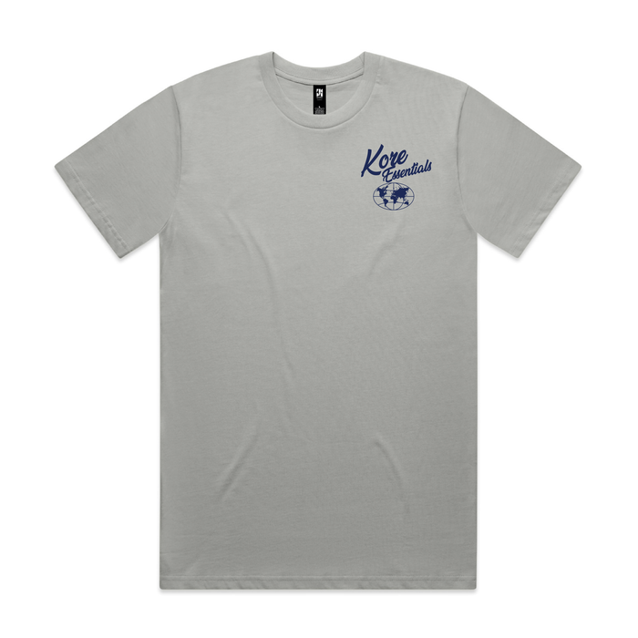 Front of a gray Kore Essentials t-shirt with Kore Essentials logo above a globe on a white background