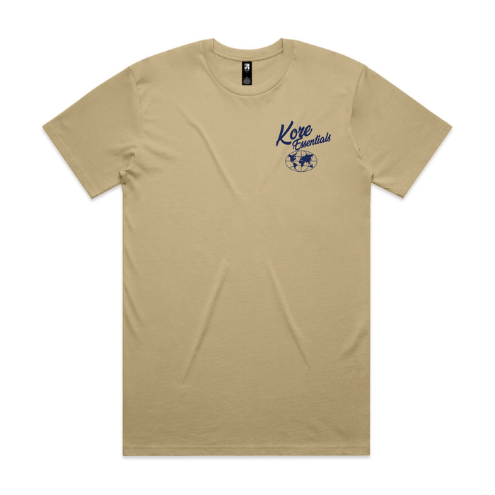Front of a beige Kore Essentials t-shirt with Kore Essentials logo above a globe on a white background