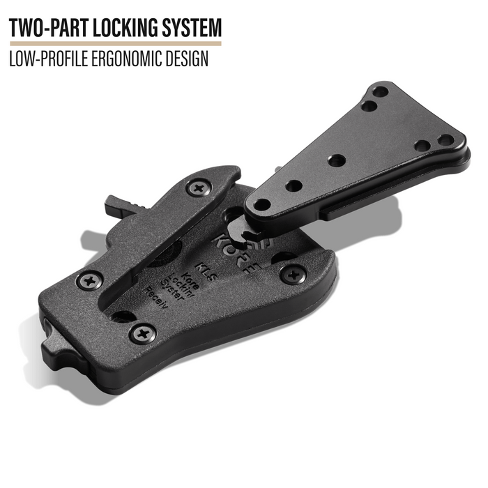 The Kore Locking System Receiver is show lying flat on a white background, with the Kore Locking System Mount floating above the Receiver. Text on the screen reads "TWO-PART LOCKNG SYSTEM - LOW-PROFILE ERGONOMIC DESIGN."
