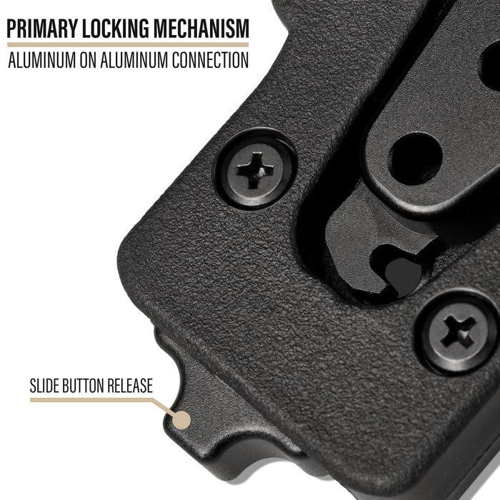 A close-up shot of the Kore Locking System Receiver and Mount showcases the primary aluminum-on-aluminum locking point.