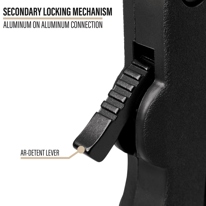A close-up shot of the Kore Locking System Receiver showcases the secondary aluminum-on-aluminum locking point.