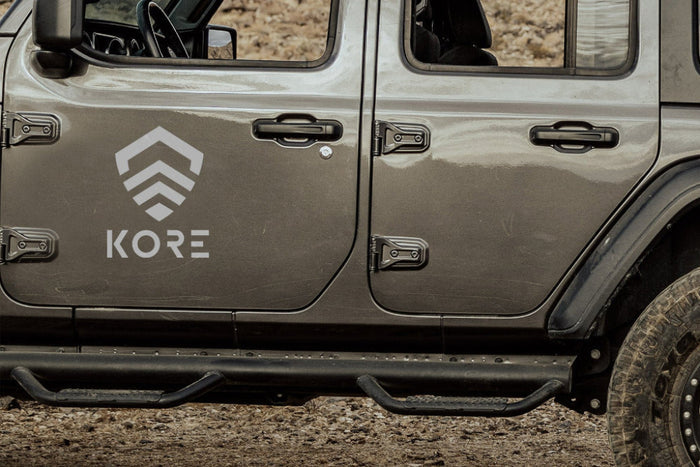 Closeup of Jeep with Kore Logo and Shield Affixed to the Drivers Side Door