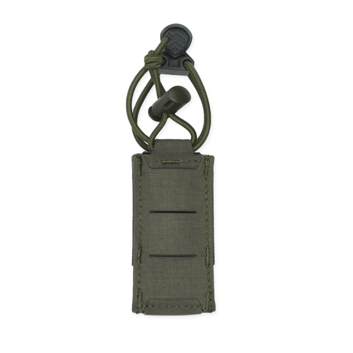 The back of a ranger green Kore Essentials single pistol mag pouch on a White Background