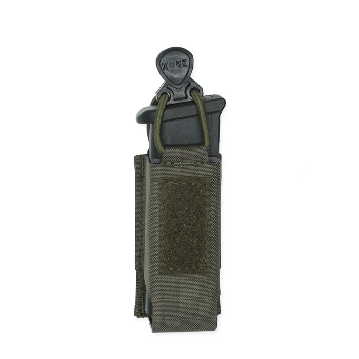 The front of a Ranger Green Kore Essentials single pistol mag pouch on a White Background