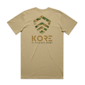 Back of beige t-shirt with a geometric design and 'KORE' branding on the back.