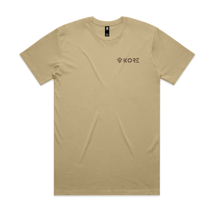 Front of beige T-shirt with 'Kore' logo on a white background