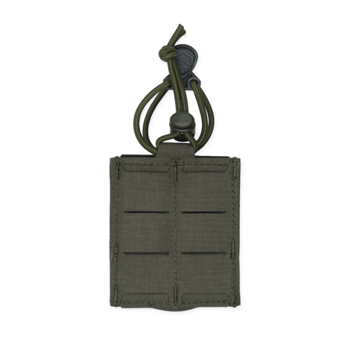 The back of a ranger green Kore Essentials single rifle mag pouch on a White Background