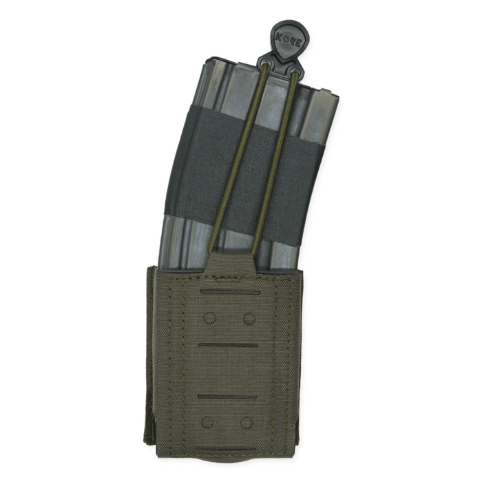 The front of a ranger green Kore Essentials single rifle mag pouch with an AR mag pouch inserted on a White Background