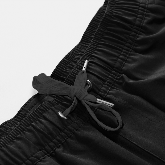 Black Kore Essentials Sport Shorts Front With Close Shot of Black Drawstring Feature