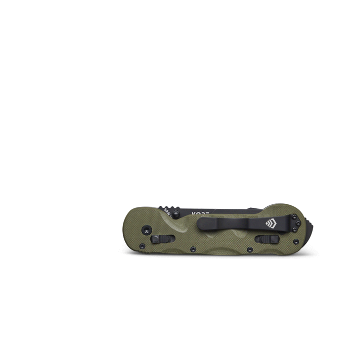 A gif shows the Kore Essentials Ranger Green Fiber Standard Issue Knife Opening and Closing