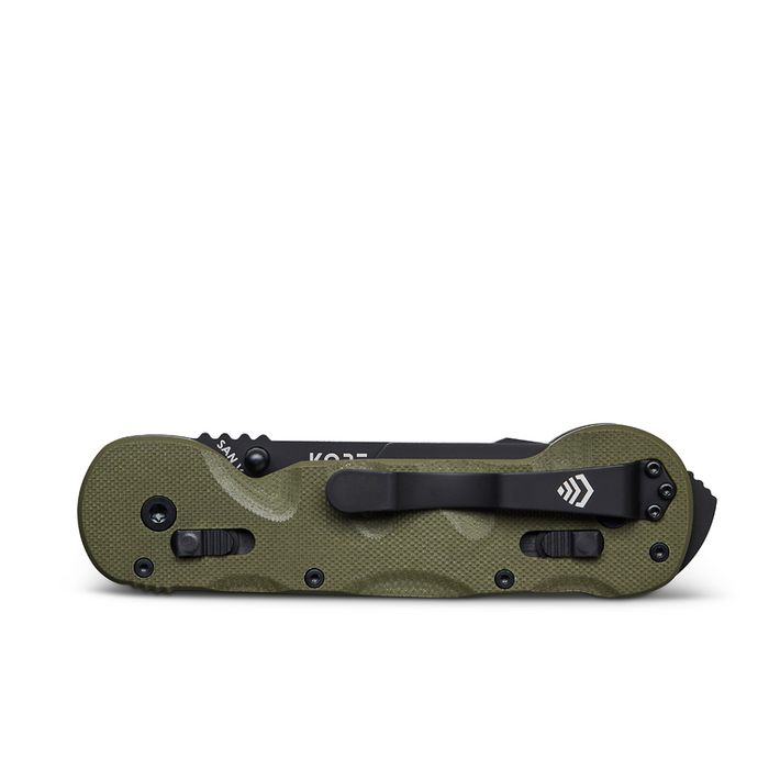 Ranger Green Kore Essentials Standard Issue Knife fully closed on a White Background
