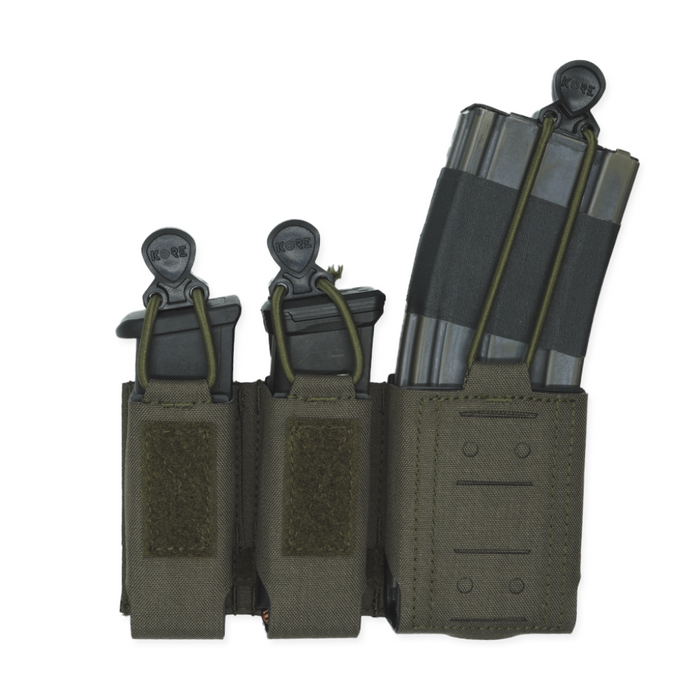 The front of a ranger green Kore Essentials trio mag pouch full of magazines on a White Background