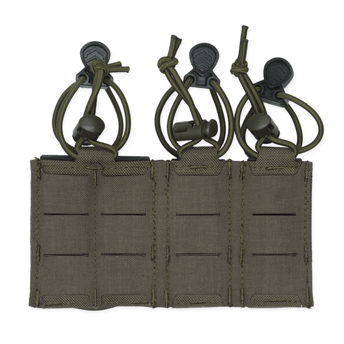 The back of a ranger green Kore Essentials trio mag pouch on a White Background