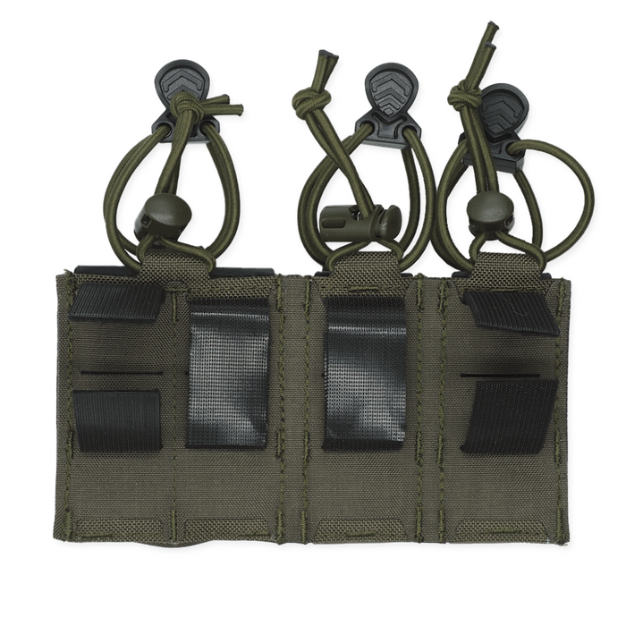 The back of a ranger green Kore Essentials trio mag pouch with velcro one-wrap attachment on a White Background