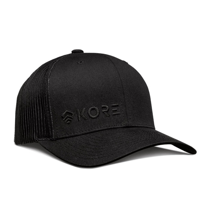Frontside View of Black Kore Essentials Trucker Cap With Black Kore Logo