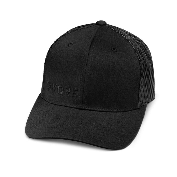 Top Angle View of Black Kore Essentials Trucker Cap With Black Kore Logo