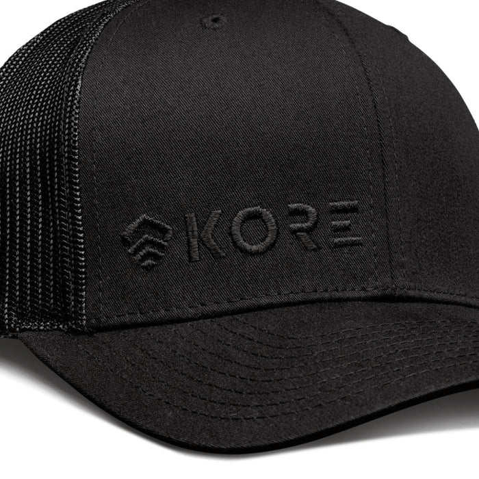 Closeup of Black Kore Essentials Trucker Cap With Black Kore Logo