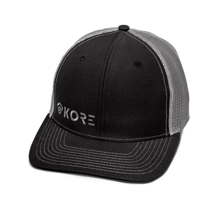 Topside View of Black and Grey Kore Essentials Trucker Cap With White Kore Logo