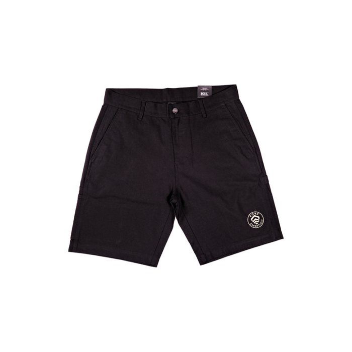 Front view of a par of Kore Essentials black utility shorts on a white background
