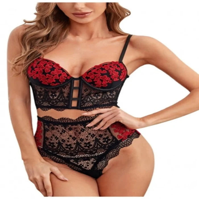 La Belle Fantastique sling lace heart shape mesh bandage lingerie with underwire (2 piece set)